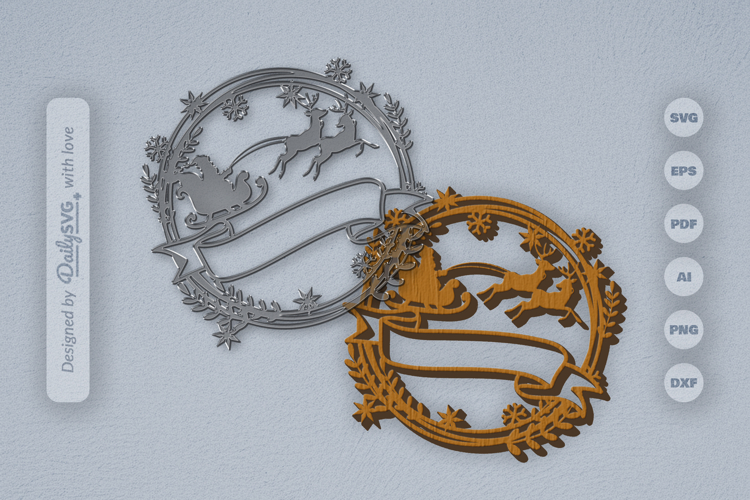 Christmas Wreath with Ribbon Banner Laser Cut