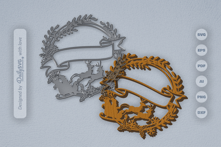 Christmas Wreath with Ribbon Banner Laser Cut