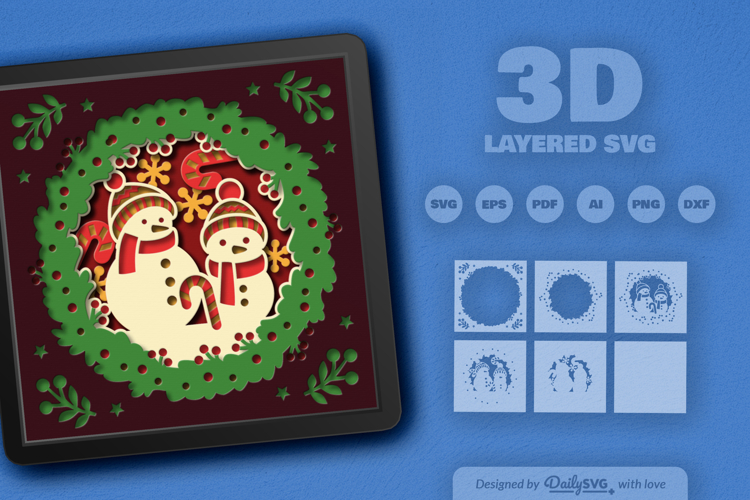 Christmas Wreath with Snowmans Layered Papercut