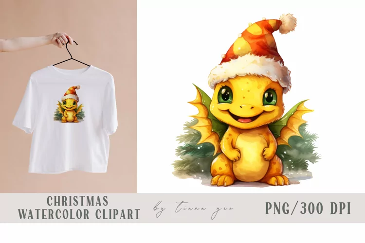 Watercolor Christmas yellow dragon clipart - 1 png file