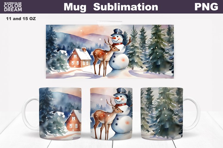 Christmas Mug Sublimation Design | Snowman Deer Mug Wrap