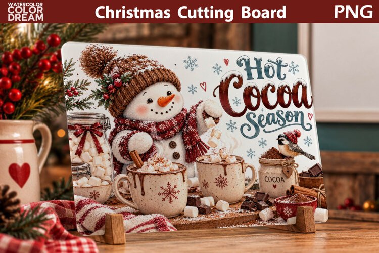 Hot Cocoa Snowman | Christmas Cutting Board Art example image 1