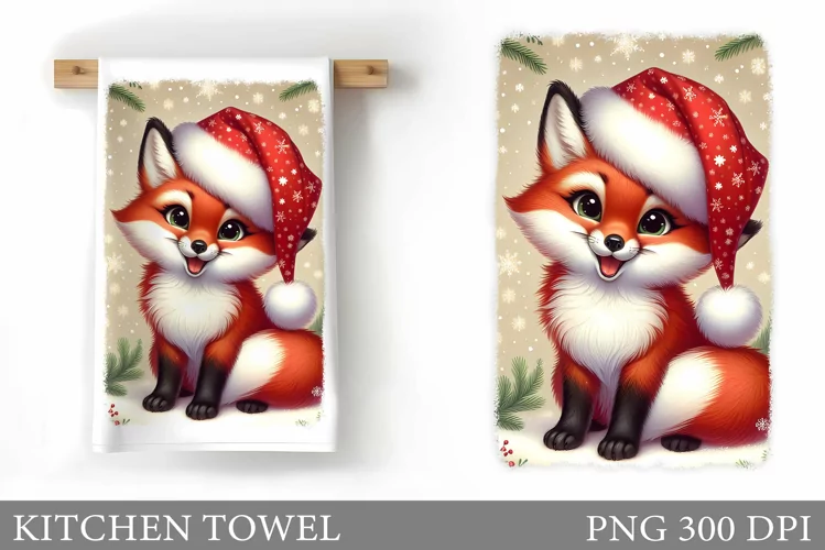 Cute Fox Kitchen Towel. Christmas Kitchen Towel Design