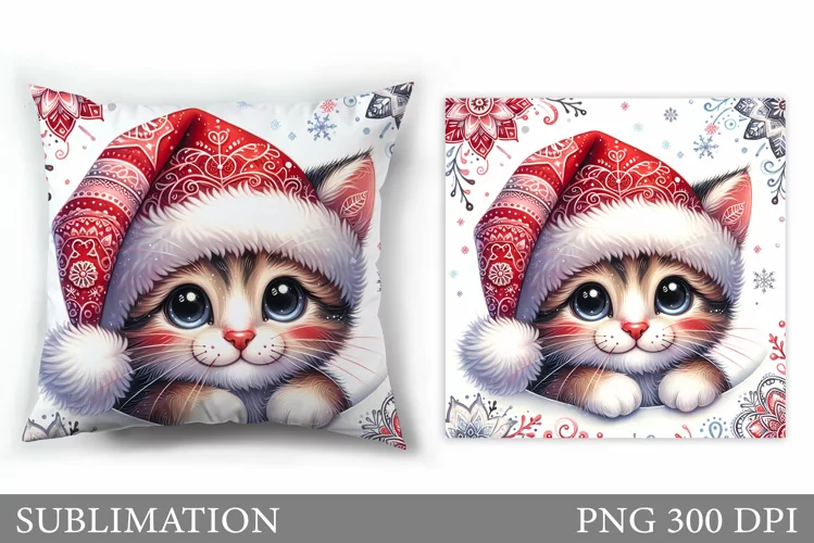 Winter Cat Pillow Design. Christmas Pillow Sublimation