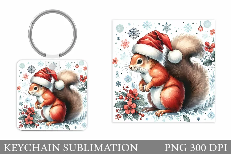 Cute Squirrel Keychain. Christmas Keychain Sublimation