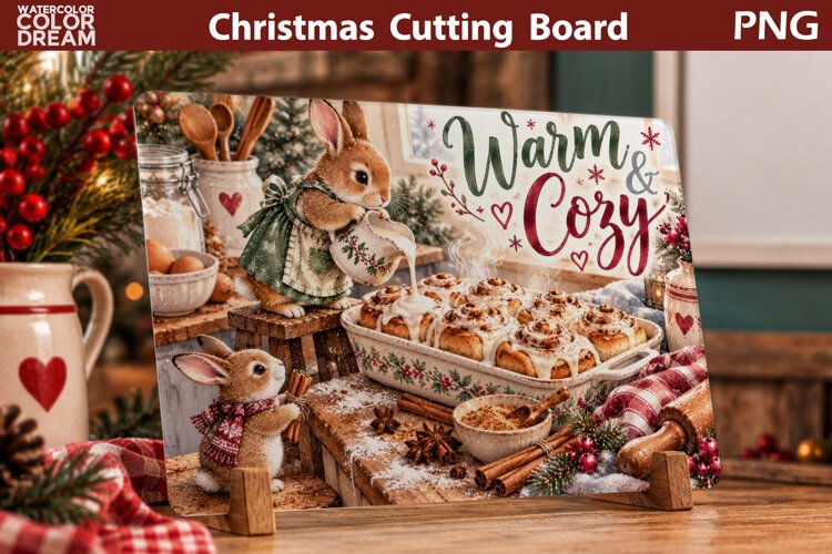 Warm Cozy Bunny Baking | Christmas Cutting Board Art example image 1