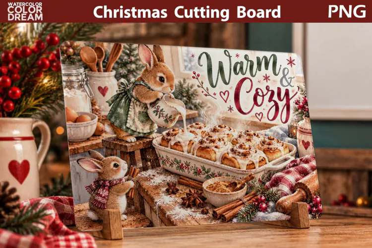 Warm Cozy Bunny Baking | Christmas Cutting Board Art