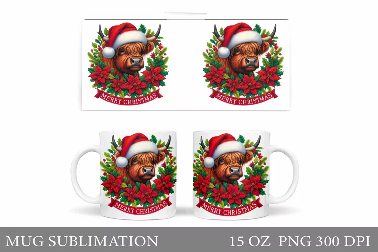 Highland Cow Mug Design. Christmas Mug Sublimation