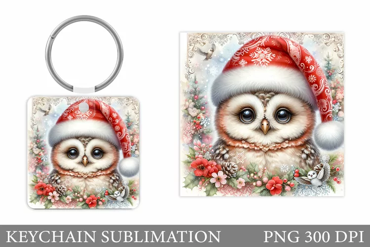 Christmas Owl Keychain. Christmas Keychain Sublimation