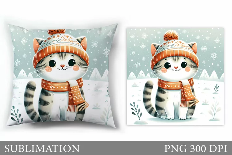 Winter Cat Pillow Design. Christmas Pillow Sublimation