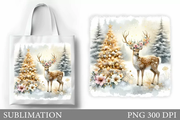 Christmas Deer Tote Bag. Christmas Tote Bag Sublimation