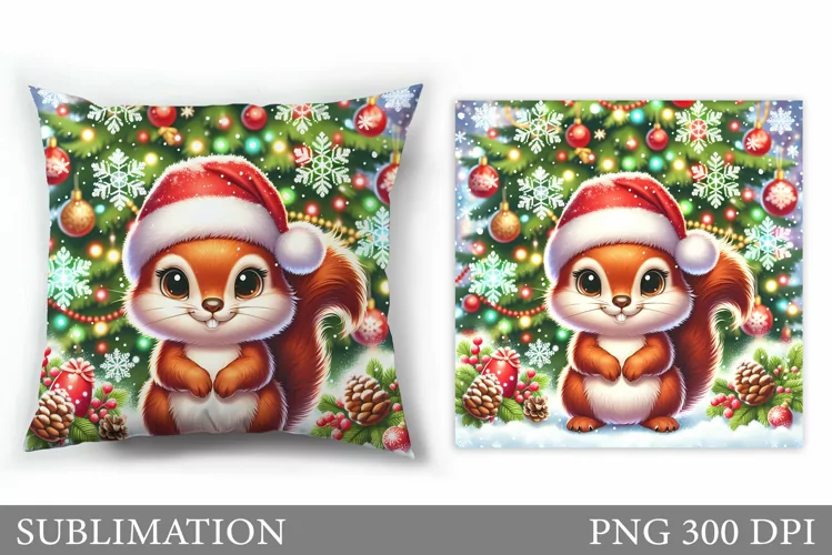 Cute Squirrel Pillow Design. Christmas Pillow Sublimation