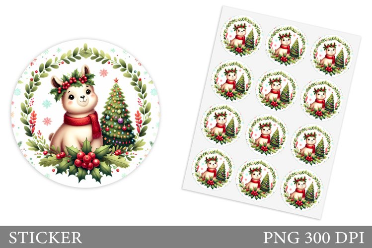 Cute Lama Sticker Design.Christmas Sticker Printable example image 1