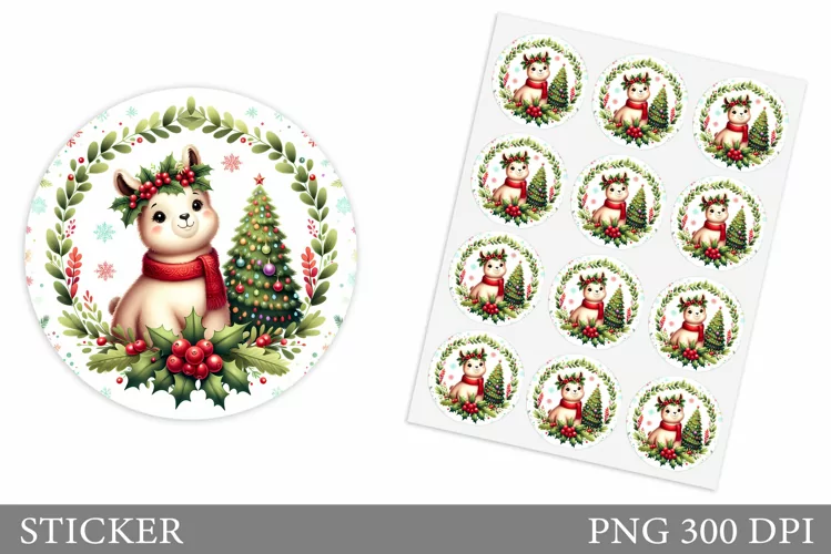Cute Lama Sticker Design.Christmas Sticker Printable