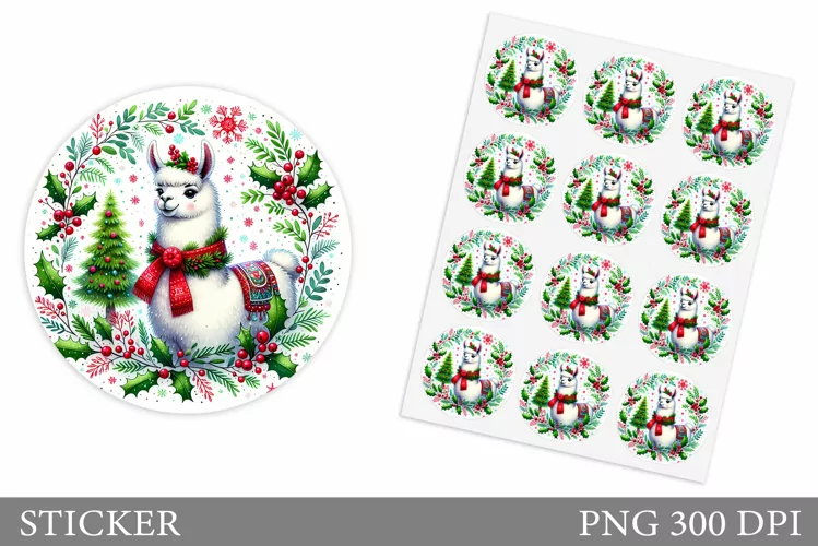 Cute Lama Sticker Design.Christmas Sticker Printable