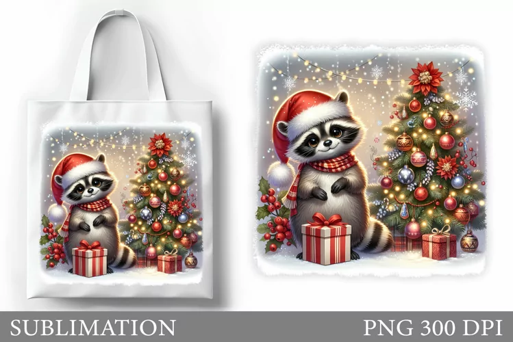 Christmas Raccoon Tote Bag. Christmas Tote Bag Sublimation