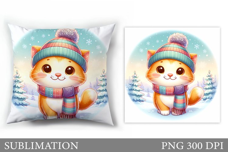 Winter Cat Pillow Design. Christmas Pillow Sublimation example image 1