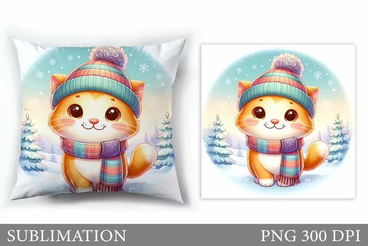 Winter Cat Pillow Design. Christmas Pillow Sublimation