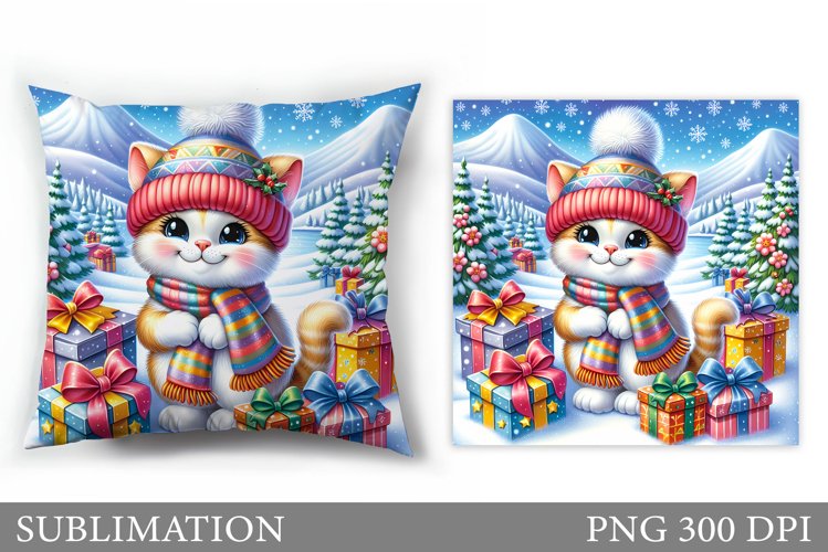 Winter Cat Pillow Design. Christmas Pillow Sublimation example image 1