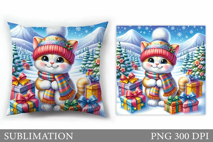 Winter Cat Pillow Design. Christmas Pillow Sublimation