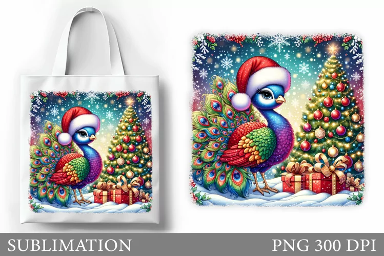 Christmas Peacock Tote Bag. Christmas Tote Bag Design