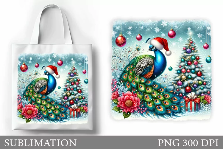 Christmas Peacock Tote Bag. Christmas Tote Bag Design