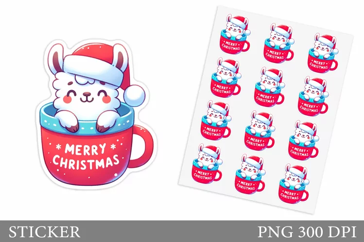 Cute Lama Sticker Design.Christmas Sticker Printable
