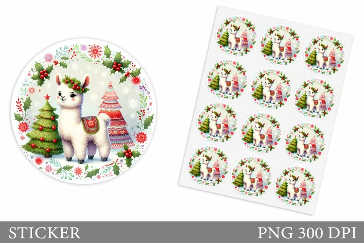 Cute Lama Sticker Design.Christmas Sticker Printable