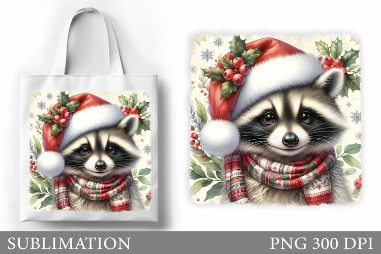 Christmas Raccoon Tote Bag. Christmas Tote Bag Sublimation