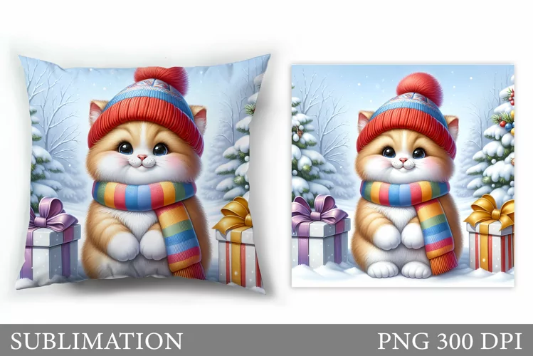 Winter Cat Pillow Design. Christmas Pillow Sublimation
