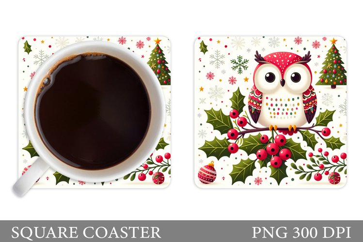 Christmas Owl Coaster Design. Christmas Coaster Sublimation example image 1