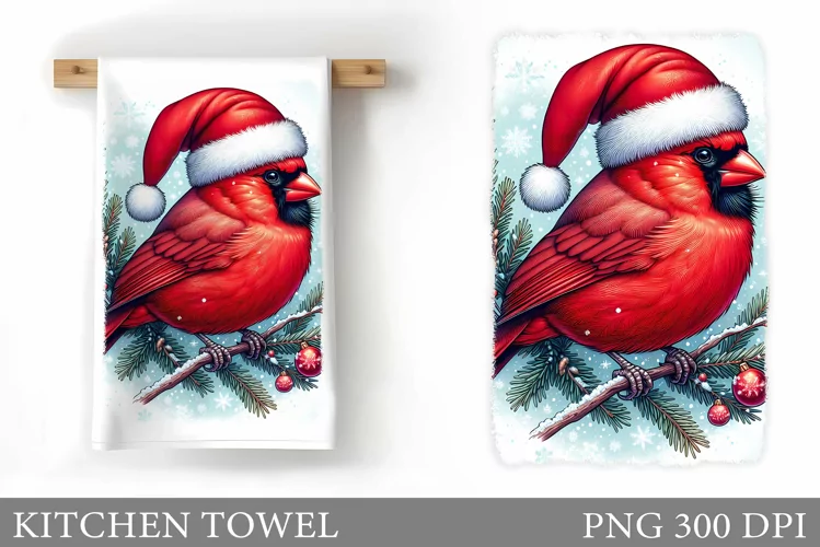 Cute Cardinal Kitchen Towel. Christmas Bird Kitchen Towel