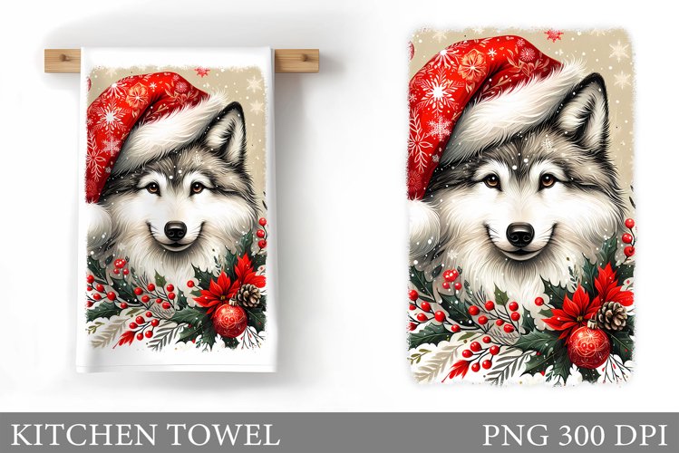 Cute Wolf Kitchen Towel. Christmas Kitchen Towel Design example image 1