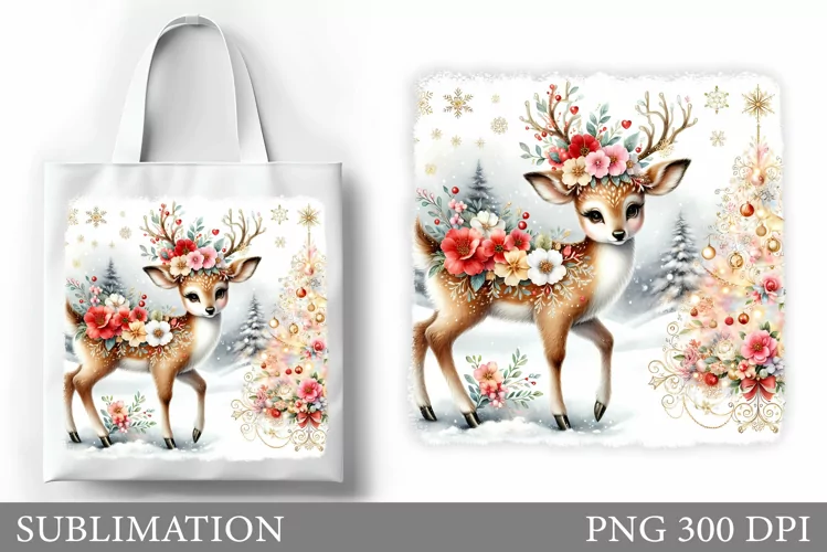 Christmas Deer Tote Bag. Christmas Tote Bag Sublimation