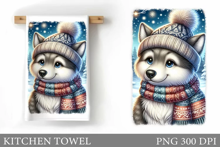 Cute Wolf Kitchen Towel. Christmas Kitchen Towel Design