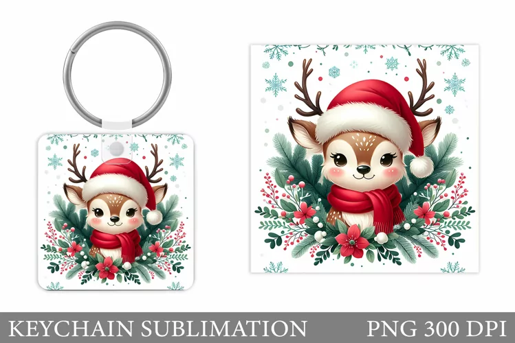 Cute Deer Keychain Design. Christmas Keychain Sublimation
