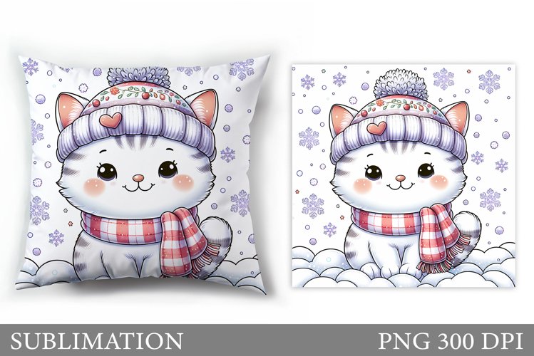 Winter Cat Pillow Design. Christmas Pillow Sublimation example image 1