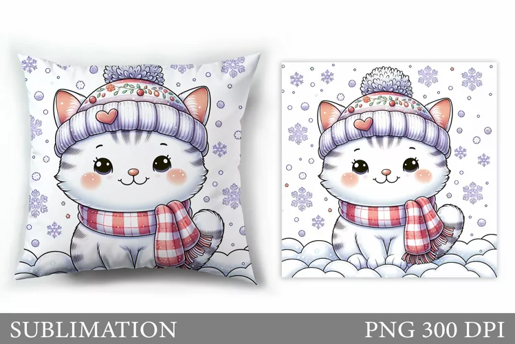 Winter Cat Pillow Design. Christmas Pillow Sublimation