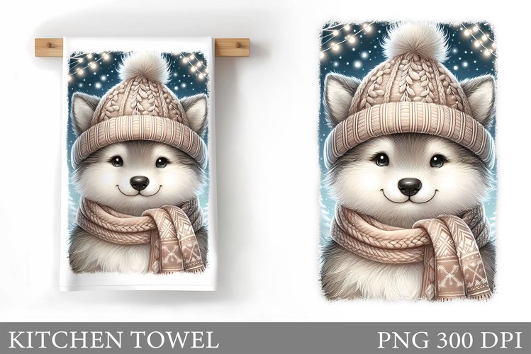 Cute Wolf Kitchen Towel. Christmas Kitchen Towel Design example image 1