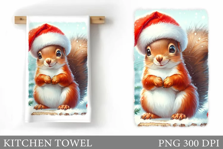 Cute Squirrel Kitchen Towel. Christmas Kitchen Towel Design