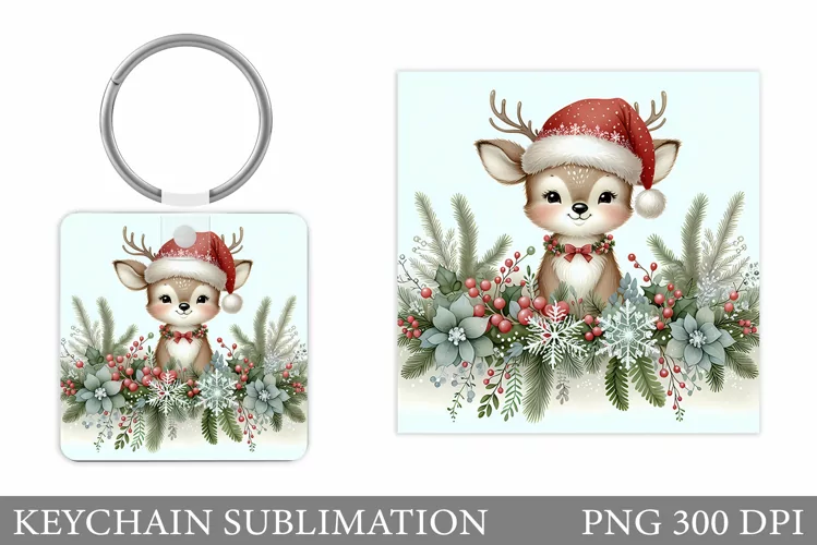 Cute Deer Keychain Design. Christmas Keychain Sublimation