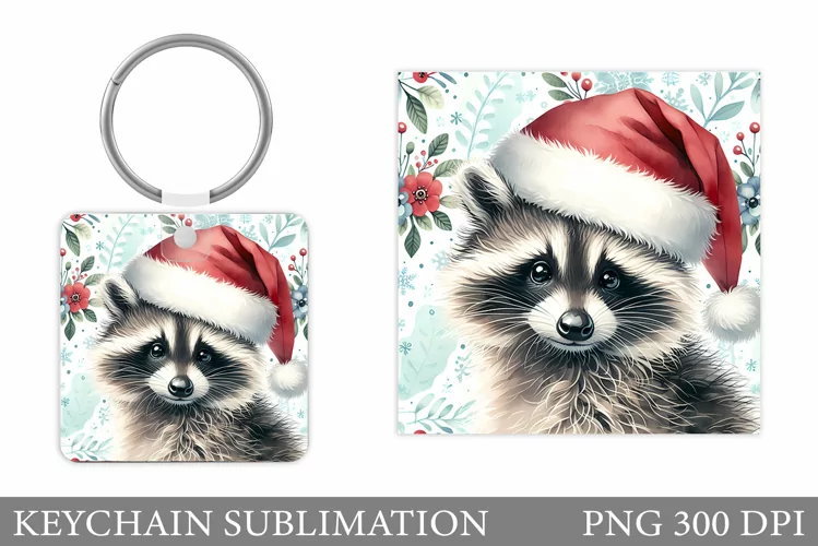Christmas Raccoon Keychain. Christmas Keychain Sublimation
