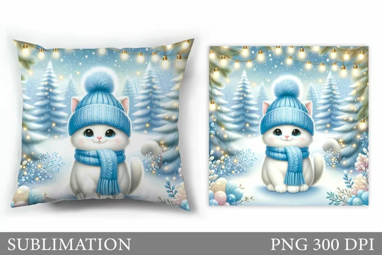 Christmas Cat Pillow Design. Christmas Pillow Sublimation