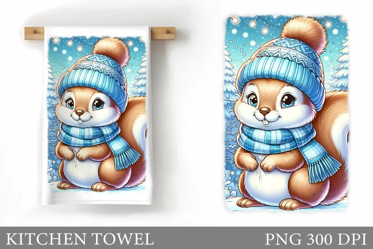 Cute Squirrel Kitchen Towel. Christmas Kitchen Towel Design