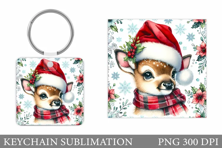 Cute Deer Keychain Design. Christmas Keychain Sublimation