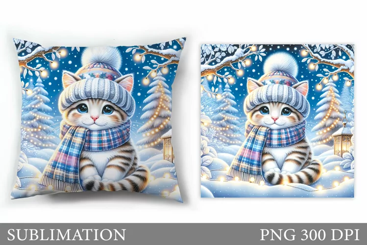 Christmas Cat Pillow Design. Christmas Pillow Sublimation