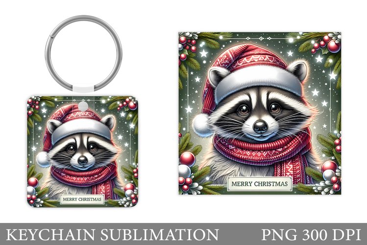 Christmas Raccoon Keychain. Christmas Keychain Sublimation example image 1