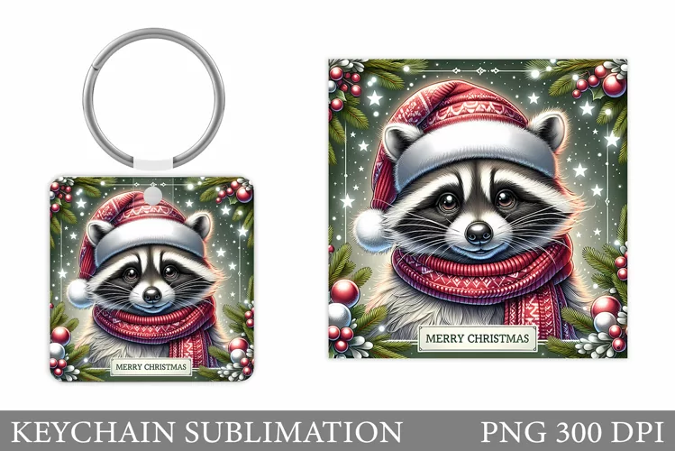 Christmas Raccoon Keychain. Christmas Keychain Sublimation