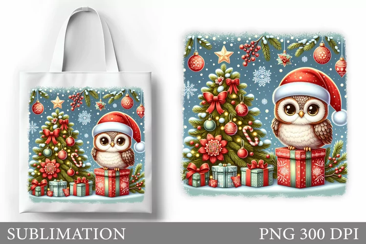 Cute Owl Tote Bag Design. Christmas Tote Bag Sublimation