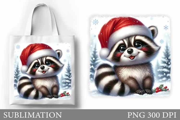 Christmas Raccoon Tote Bag. Christmas Tote Bag Sublimation